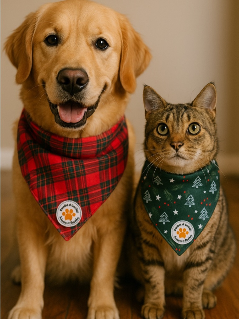 Pet Bandana Set - Red Plaid & Green Holiday Prints by Reversible